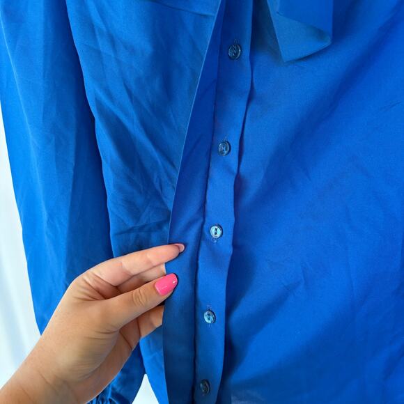 Vintage Royal Blue Office Blouse Prairie Modest Classic Career Western Summer - Picture 4 of 8